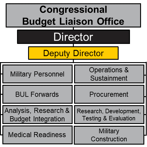 BUL organizational structure:  Congressional Budget Liaison Office. Second level: Director.  Third level: Deputy Director.  Fourth level: Military Personnel, BUL Forwards, 'Analysis, Research & Budget Integration', Medical Readiness, Operations & Sustainment, Procurement, 'Research, Development, Testing & Evaluation', and Military Construction.